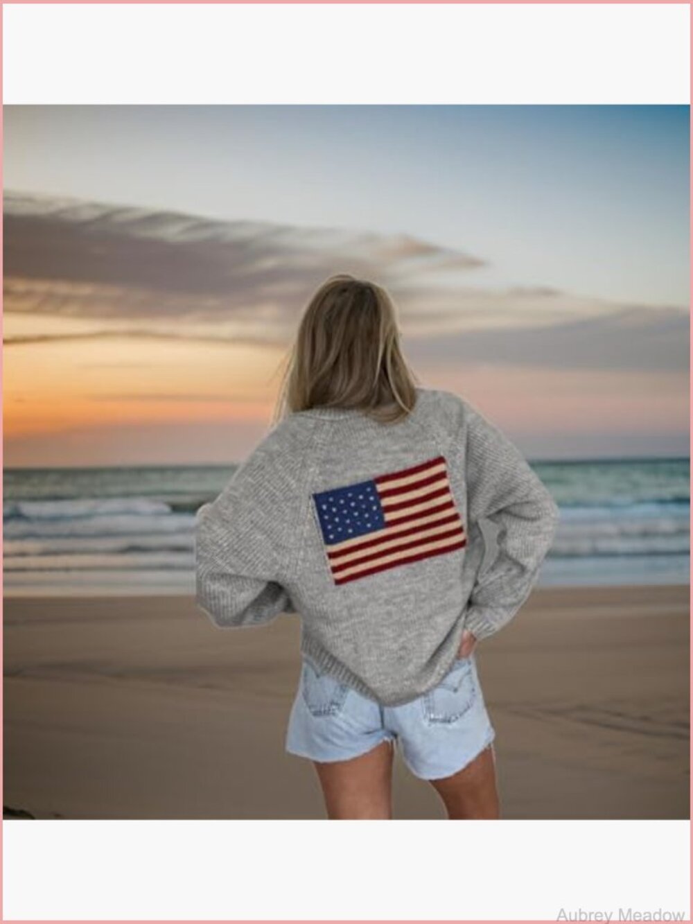 Open Front Knit Cardigan USA Flag Star Stripe Print Long Sleeve V-Neck - Picture 2 of 2